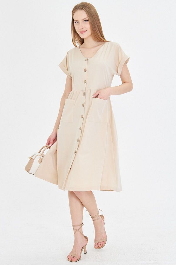 armonika-Rochie de damă bej cu buzunar cu nasturi în față ARM-19Y001105 1