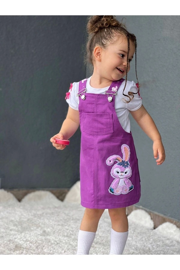 DUDOR KİDS Kız Çocuk Mor Jile Elbise Ve Beyaz T-shirt Takım-23 Nisan-bayramlık (Bir beden büyük tercih ediniz)