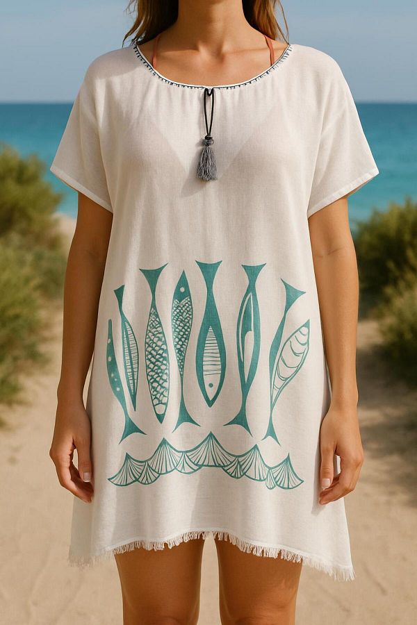 Sobe Hediyelik-Fish Patterned White Pareo – Beach Top Summer Dress, Light and Comfortable Tunic Model (Standard Size) 1