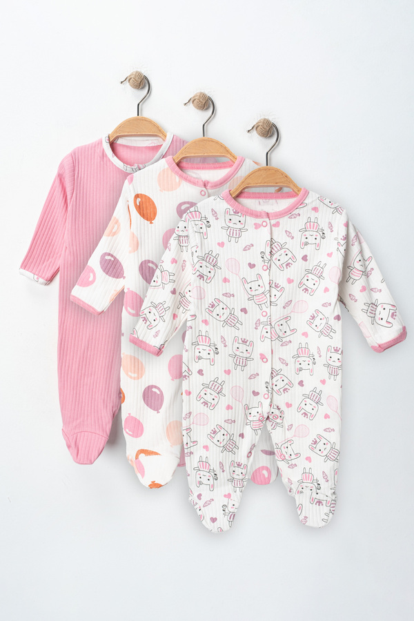 ENİA BABY Kız Bebek Baskılı Pamuklu Patikli 3lü Tulum Seti Renkli Desenli 3-6-9 Ay Yenidoğan Bebek Kıyafeti