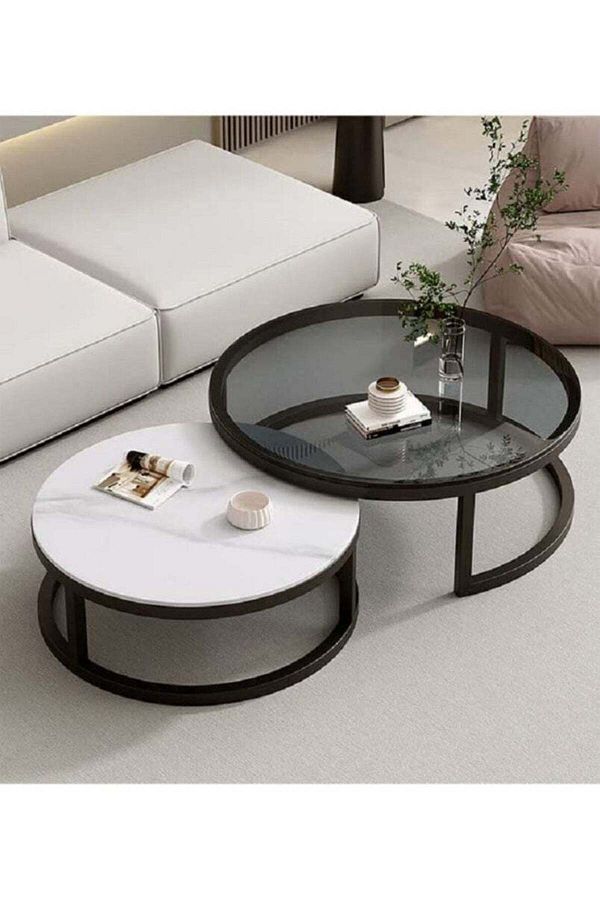 Luxury Home-Coffee Tables with Simple Design, Transparent Rocky Desktop, Set of 2 Nested Tables for 1