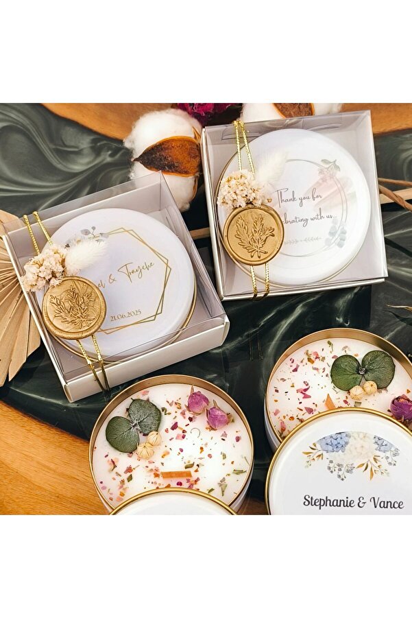 MoreAndMoreCandles Kişiye Özel, Hediye Kutulu, Kokulu Soya Mum - Düğün, Nişan, Bebek, Doğum Günü Çiçekli Mum (10 ADET)