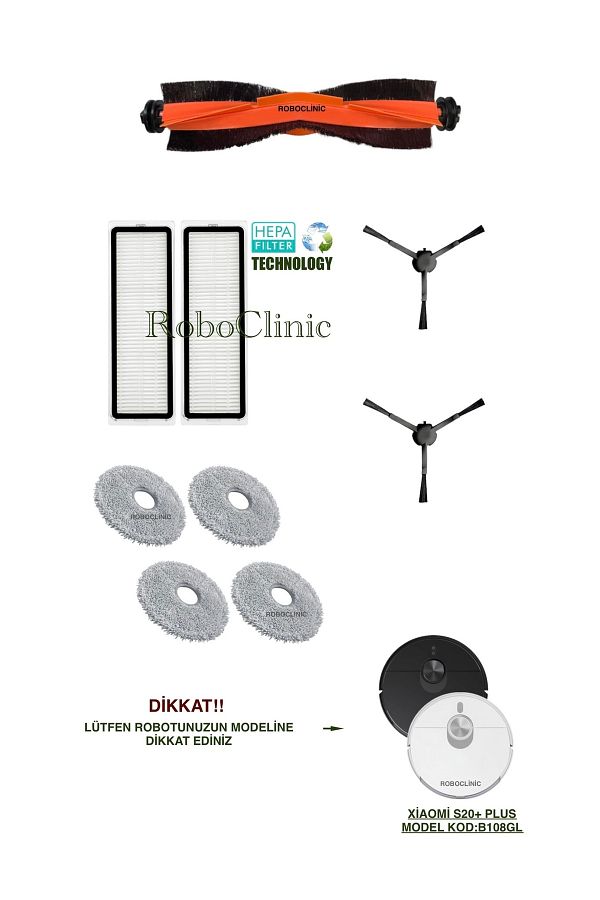 Roboclinic-Xiaomi Robot Vacuum S20+/S20 Plus (Model Code: B108Gl) Compatible Brush, Hepa Filter, Mop Set-9 Pieces 1
