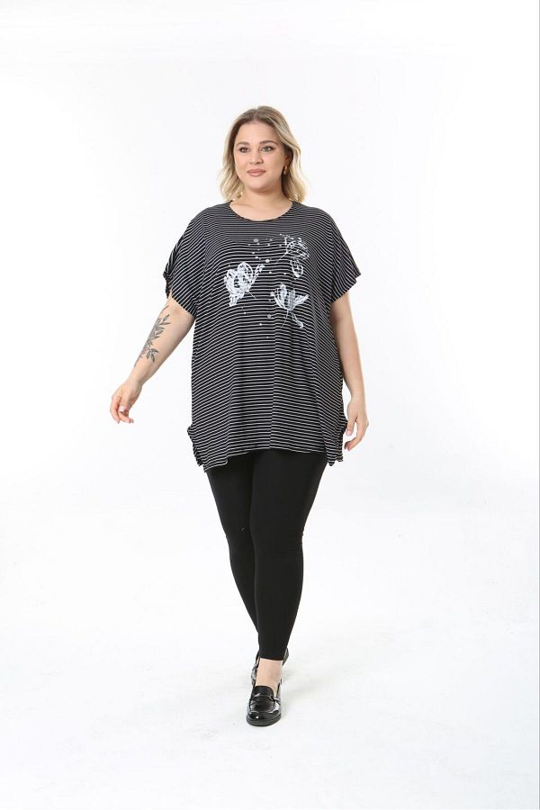 tıgersıze-Plus Size Oversize Model Soft Viscosa Fabric Striped Flower Patterned Bluz 1