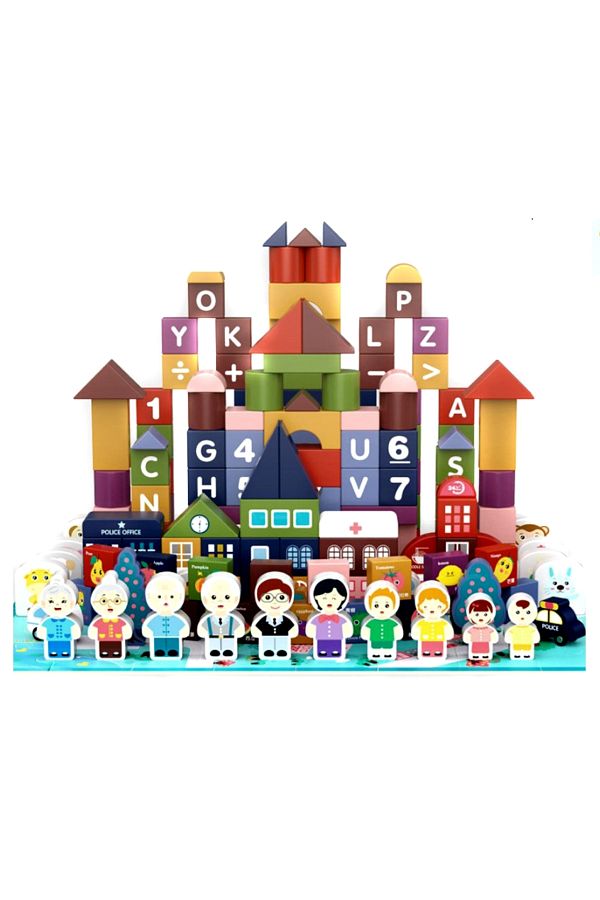 ideal STORE-The Merry Town idealSTORE Wooden Cube Construction Set, Includes Puzzle Mat, 184 elements 1