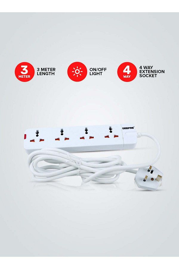 Geepas-4 Way Extension Socket 13A - Extension Strip With Led Indicators | Child Safe | Extra Long Co 1