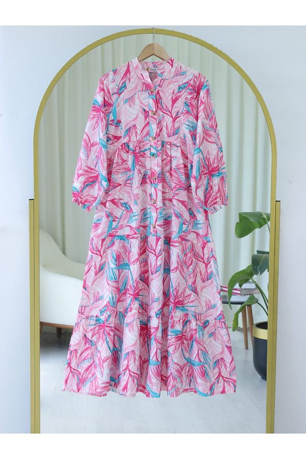 Modamorfo-Floral Patterned Half Button Dress with Split Sleeves and Elastic Waist - Plum 1