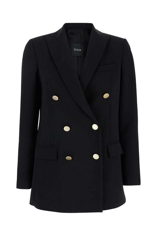 PLAIN-Black Double-Breasted Jacket With Golden Buttons In Cady Woman 1
