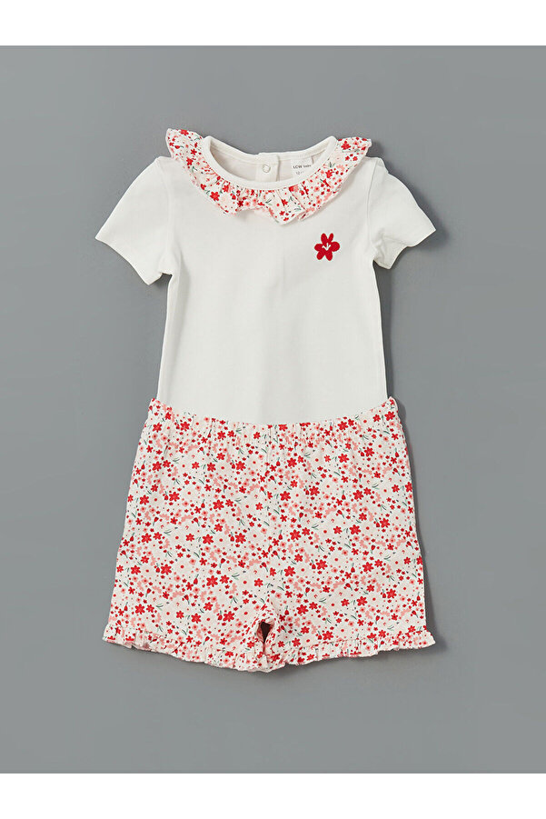 LC Waikiki Elsiva Collection Ekru Çiçekli Kız Bebek Çıtçıtlı Body ve Şort 2'li
