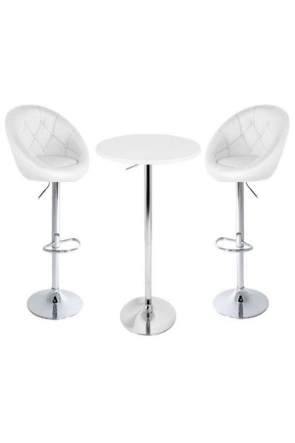 AWF AL WADI FURNITURE-كراسي بار، مقاعد ذات ظهر مبطن، مقاعد مبطنة كبيرة مع سطح دائري من خشب MDF، طاولة بار، قاعدة من الكروم، لون أبيض 1