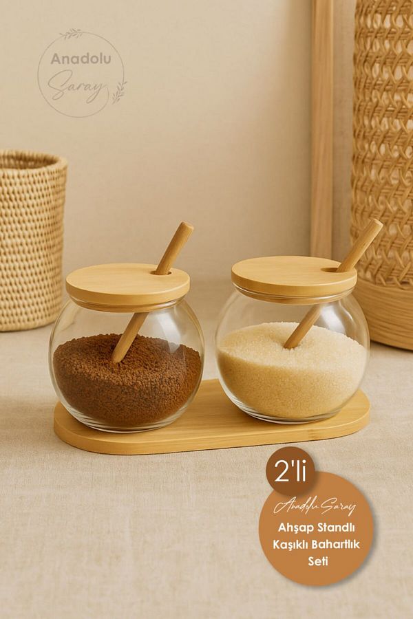 Anadolu Saray-Glass Jar Set of 2 with Wooden Lid – Coffee Sugar Storage Container with Spoon and Tray 1