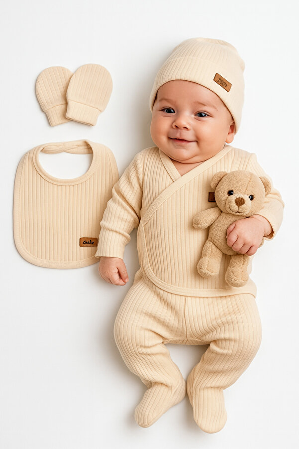 İZYALİF BABY Kız Erkek Bebek 5li Hastane Çıkış Seti Fitilli Yumuşacık Pamuklu Naturel Yenidoğan Kıyafeti 50-56cm