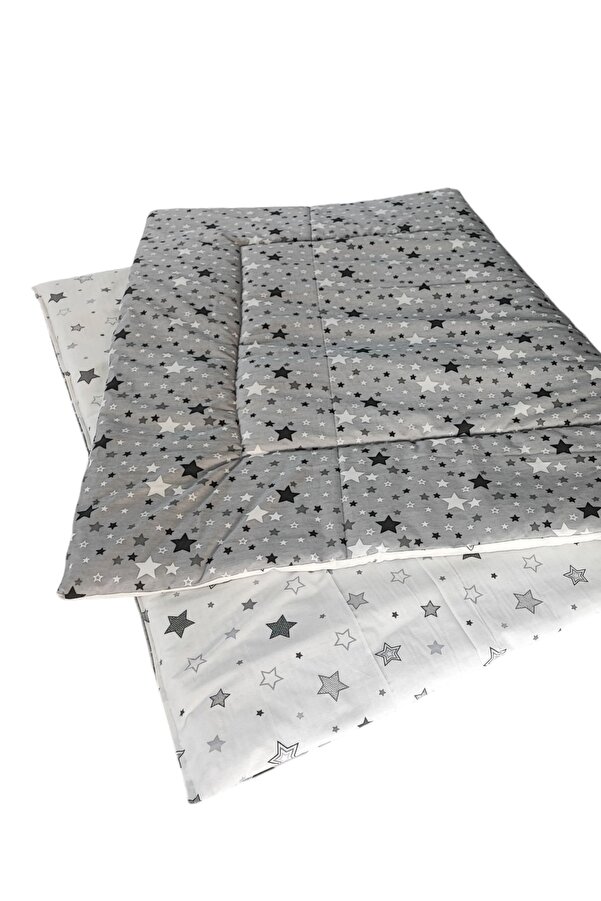 Bebek Özel %100 Pamuklu Bebek Çocuk Yorganı 90x180 cm Ölçülerinde (YENİ GRİ BEYAZ YILDIZLI)