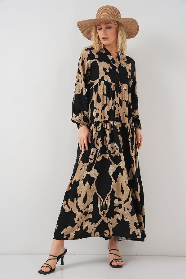 Bigdart-2423 Model Authentic Patterned Beige Dress 1