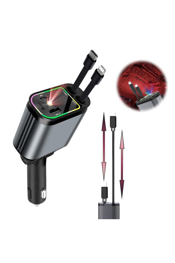 SellerRasov doar pregatiti-Incarcator Auto 4 In 1, 66w, Incarcare Rapida, Proiectie Led, Cabluri Type-c Si Lightning 1