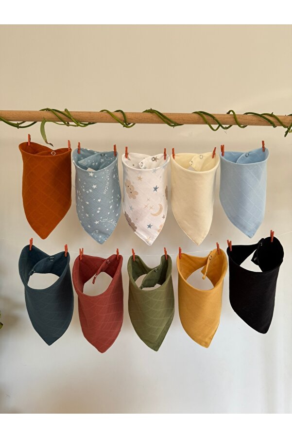 3Baby 10 Adet %100 Organik Pamuk Çift Katlı Iki Çıtçıtlı Müslin Bebek Fular & Salya Önlük