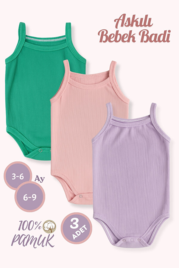 Bebechi 3'Lü Ip Askılı Çıtçıtlı Body Zıbın Atlet Yenidoğan Hastane Çıkışı Kız Erkek Bebek Çocuk(3-6,6-9 Ay)