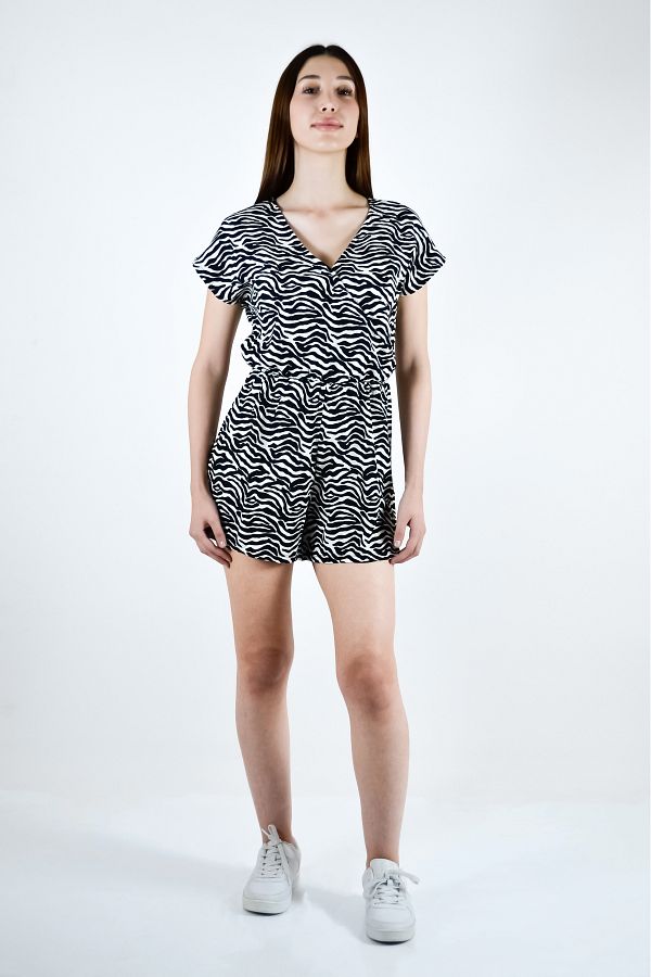 BUSEM-Zebra Patterned Short Jumpsuit with Elastic Waist Ecru Black 1