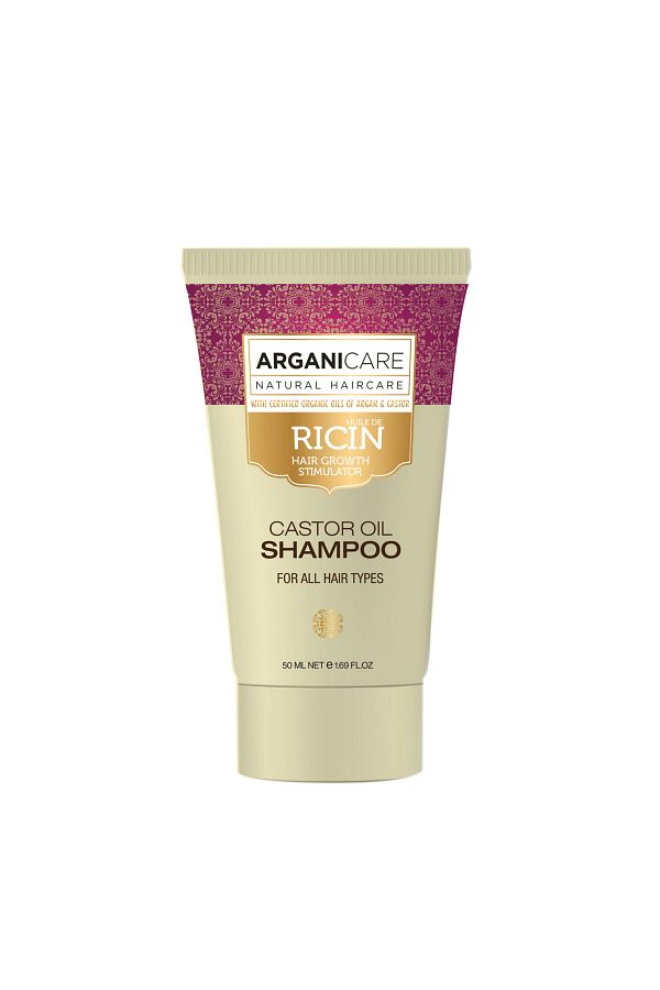 Arganicare-Șampon stimulator de creștere a părului cu ulei de ricin pentru toate tipurile de păr, format de călătorie, Arganicare, 50 ml 1