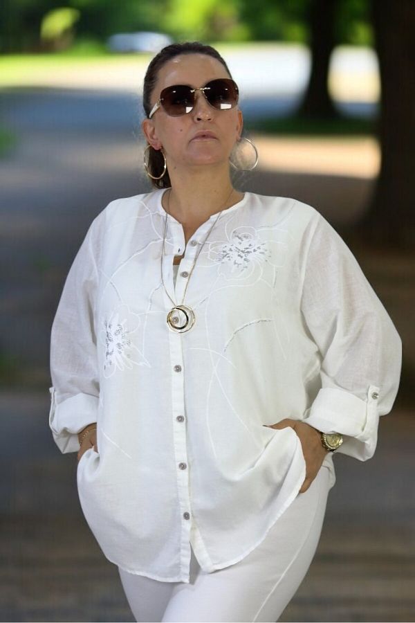yagmurberen-Front Button Embroidered Flower Pattern Judge Collar Folding Sleeve Flaming Linen Large Size Shirt 1
