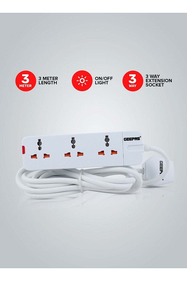 Geepas-3 Way Extension Socket 13A - Charge Multiple Devices with Child Safe, Extra Long Cord & Over 1