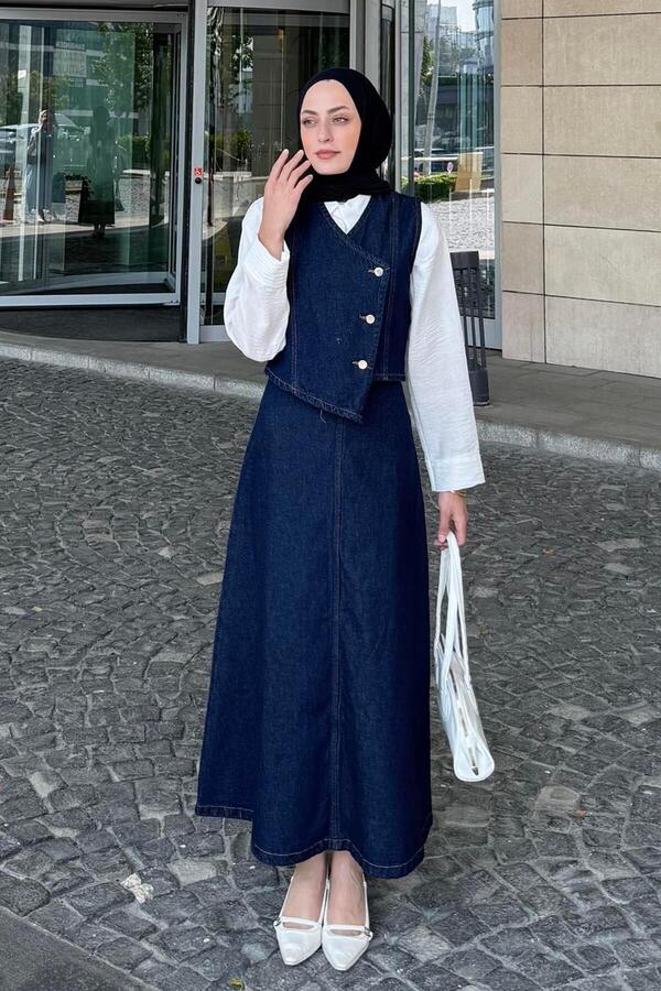 Lamelif Kruvaz Closed Denim Skirt Suit Denim Blue
