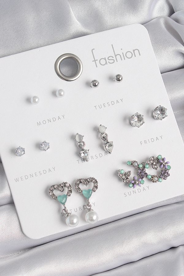 MBB ETİCARET-Brass Silver Zircon Stone Dangle Heart Model Flower 7 Pairs Women's Earring Set 1
