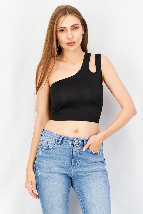 Don't Call Me Jennyfer-Women Asymmetrical Neck One Shoulder Solid Cropped Top, Black 1