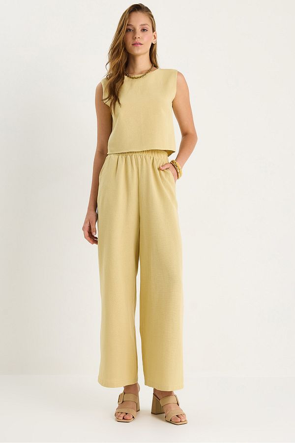 Bianco Lucci-Women's Thick Strap Blouse Elastic Waist Pocket Detailed Loose Trousers Linen Suit 9384 60281086 1