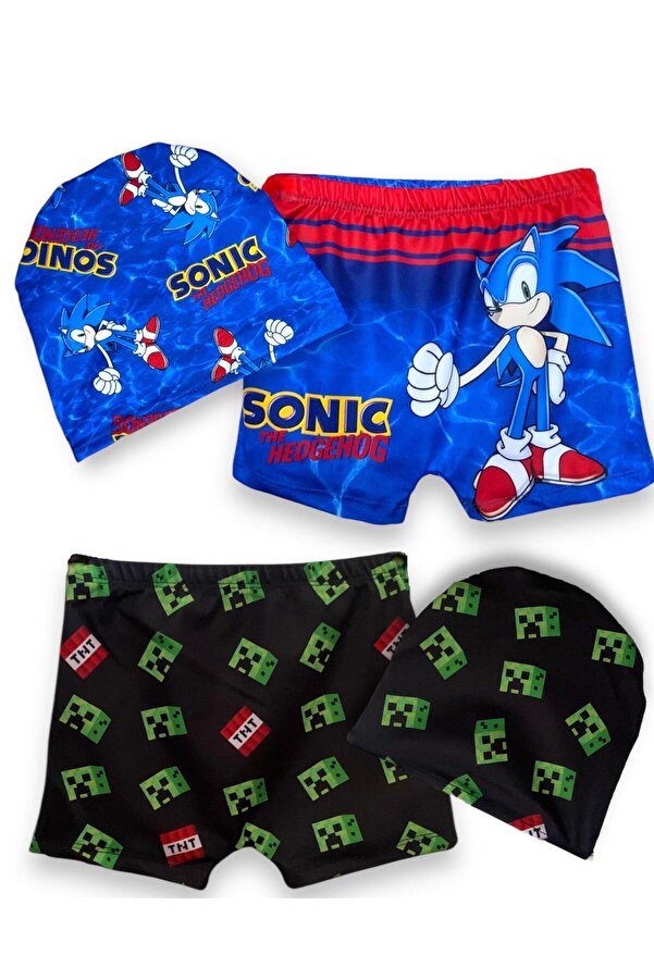 LİTTLE TORTOİSE Erkek Çocuk Sonic Desenli Esnek Rahat Kalıp Renkli 2'Li Deniz Şortu Bone Takımı