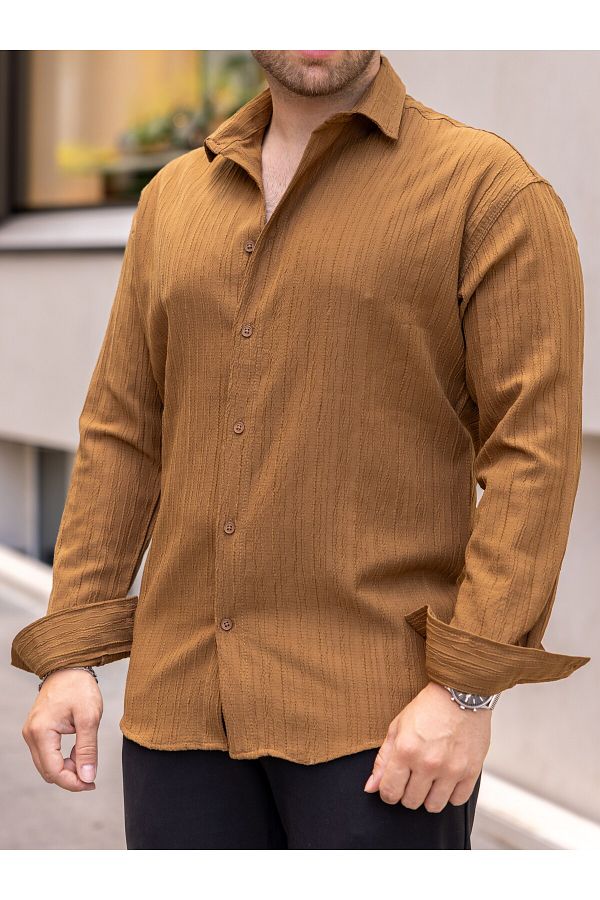 COMBİNE MİCHAİL-Cămașă de in caramelo cu model pentru bărbați 1