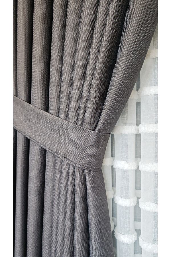 Yuka-Linen Textured Anthracite Panel Background Curtain Luxury Heavy Weight Tek Wing 1/3 Tight Pleated Solid Color 1