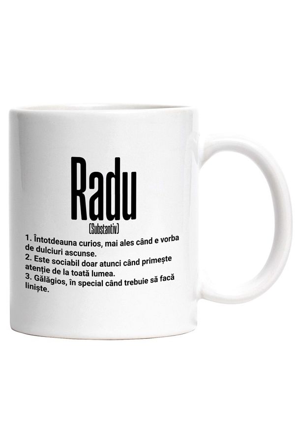 INOVATIX-Personalized white mug, Name Radu, With Funny Message, Curious, Sociable, Noisy, INOVATIX®. 330ml 1