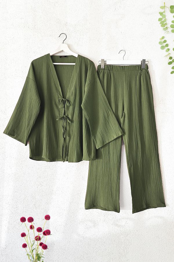 MODAQU-Front String Laced Crinkle Kimono Trousers Double Set - Khaki 1