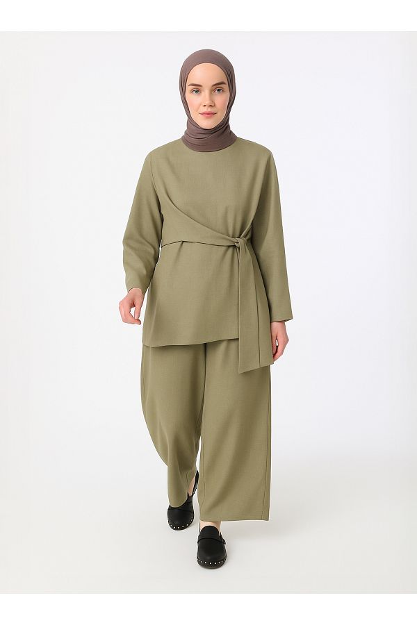 Refka-Tunic Trousers with Binding Detail Double Set - Khaki - Refka 1