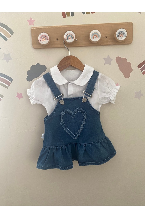 Balbadem baby kids Gömlekli kız bebek kalp desenli kot elbise 3-6/12-18 ay