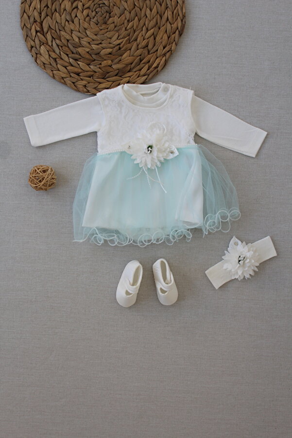 Tomuycuk DANTELLİ KIZ BEBEK MEVLÜTLÜK ELBİSE SETİ YENİDOĞAN HEDİYELİK BEBEK GİYİM 0-6 AYLIK BANDANALI PATİKLİ