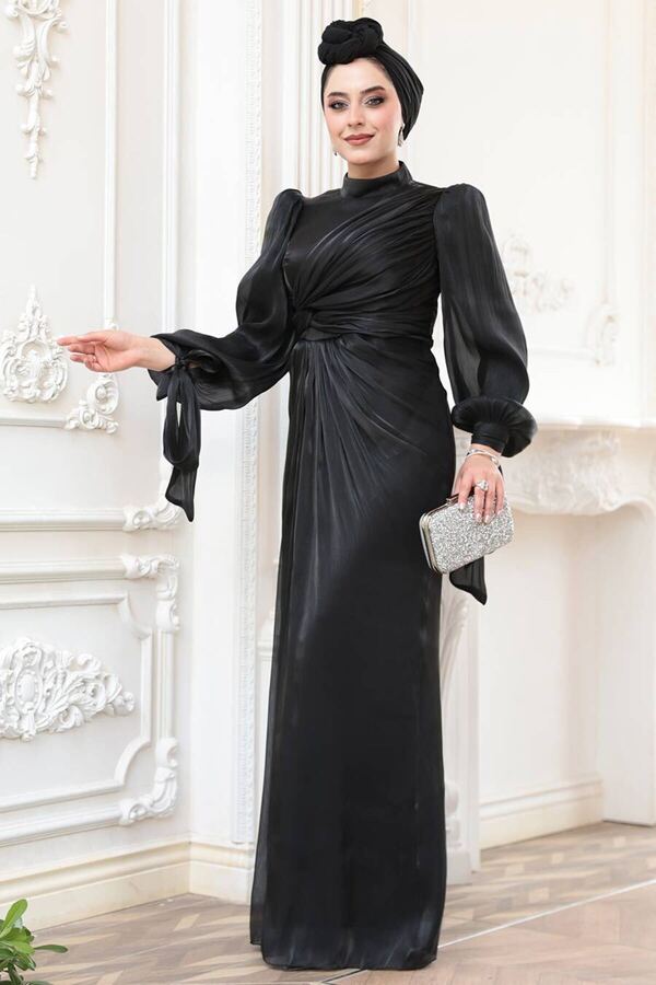 N.S NEVA STYLE-Drape Detailed Black Hijab Evening Dress 52285S 1