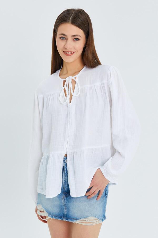 Mixray-4563 Model White Muslin Shirt - Tie Collar and Elastic Sleeves 1
