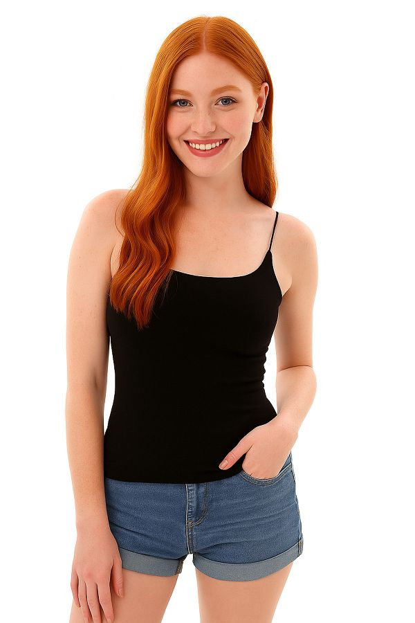 ParlaMira-Women's Black Viscose Lycra Underwear Non-Showing Structure Double Layer Rope Strap Long Undershirt 1