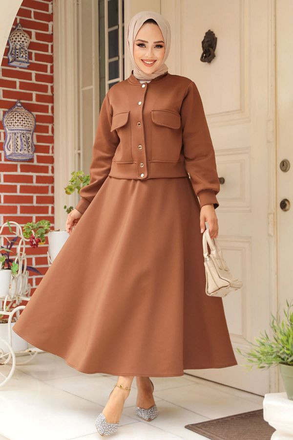 Neva Style-Set dublu cu nasturi cu fustă Hijab maro - 12261KH 1