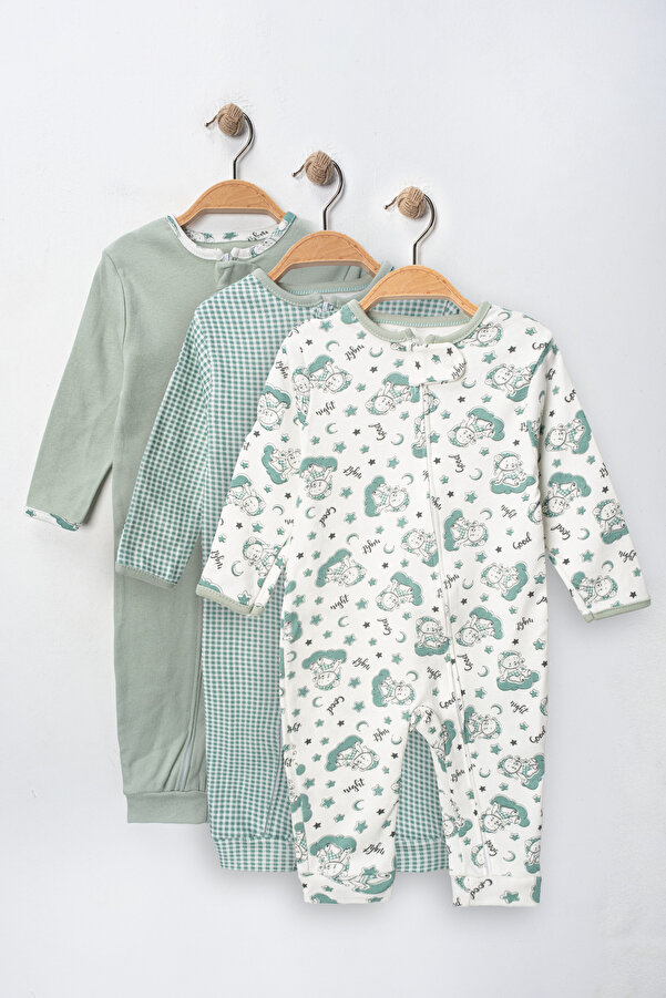 ENİA BABY Unisex Bebek Desenli Fermuarlı  3lü Tulum 9-12-18 ay 3'lü Pamuklu 3 Parça