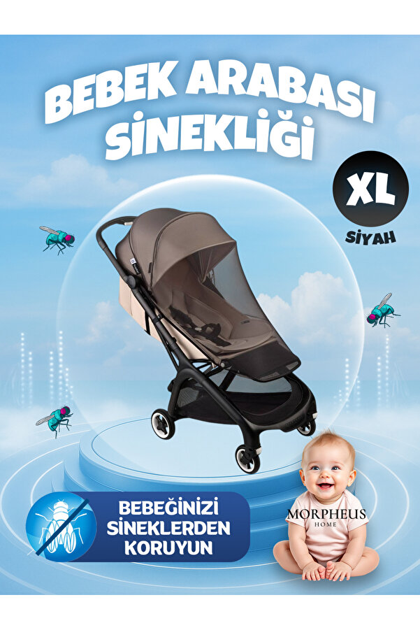 Morpheus Home Siyah Bebek Arabası Sinekliği Tüm Bebek Arabası & Puset Modellerine Uygun, Lastikli XL Cibinlik