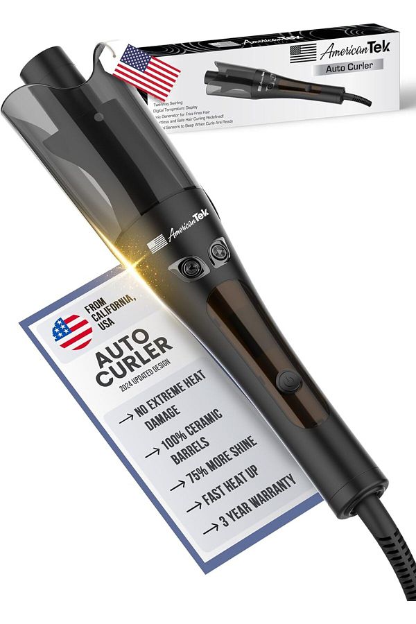 American Tek-Automatic Curling Iron Wand - Auto Curler with 4 Temperatures & 3 Timers & LCD Display, 1