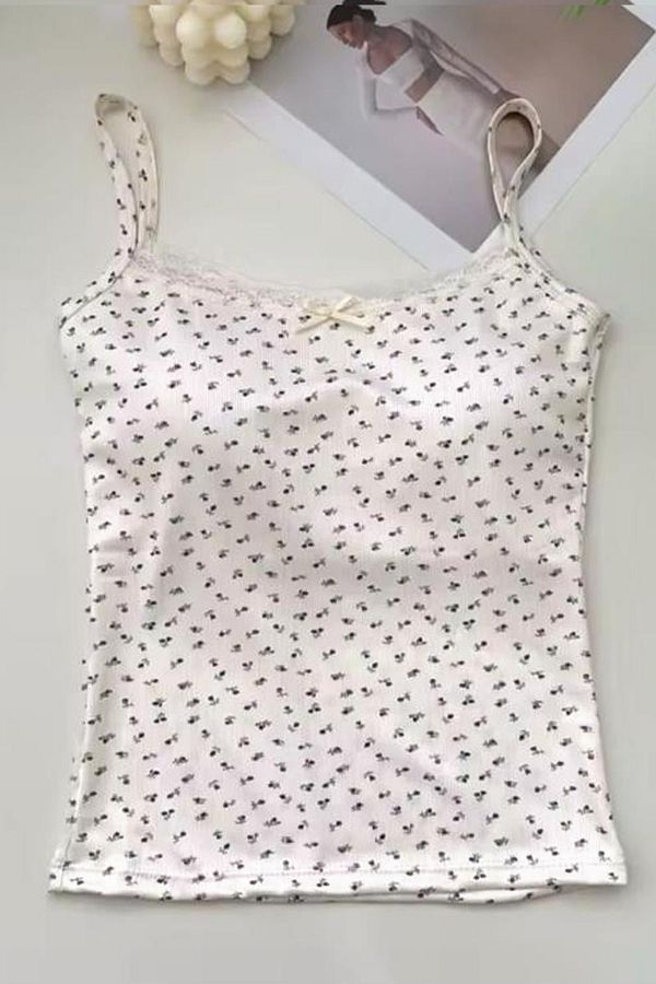 Karakedi-Ecru Tiny Bow and Flower Patterned Y2K Supported Strap Crop 1