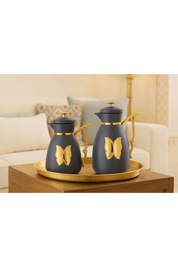 ALSAIF-Coffee And Tea Vaccum Flask Set In Grey/gold / Leak-proof And Keeps Drinks Hot 1.0/1.0 Liter 1