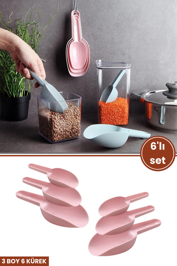 12den 6 Adet Baharat Küreği, Un Şeker Bakliyat Kakao Mama Deterjan Erzak Kaşığı 6’lı Set 2x(3 Boy) Pembe