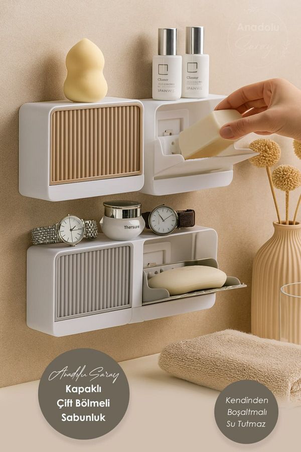 Anadolu Saray-Adhesive Double Compartment Soap Dispenser with Lid |   Waterproof Self-Emptying Soap Box 1