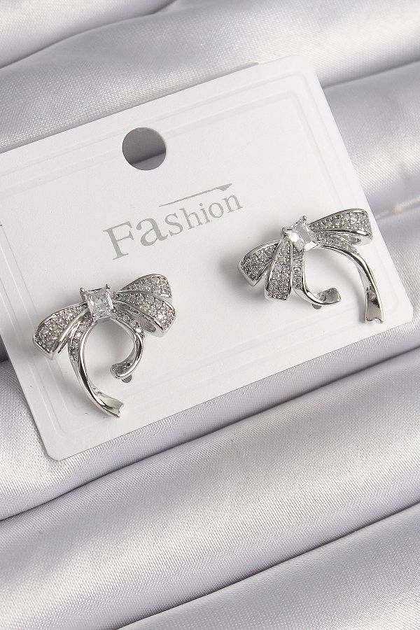 MBB ETİCARET-Brass Silver Color Zircon Stone Bow Model Women's Earrings - Tj-Bkp10000 1