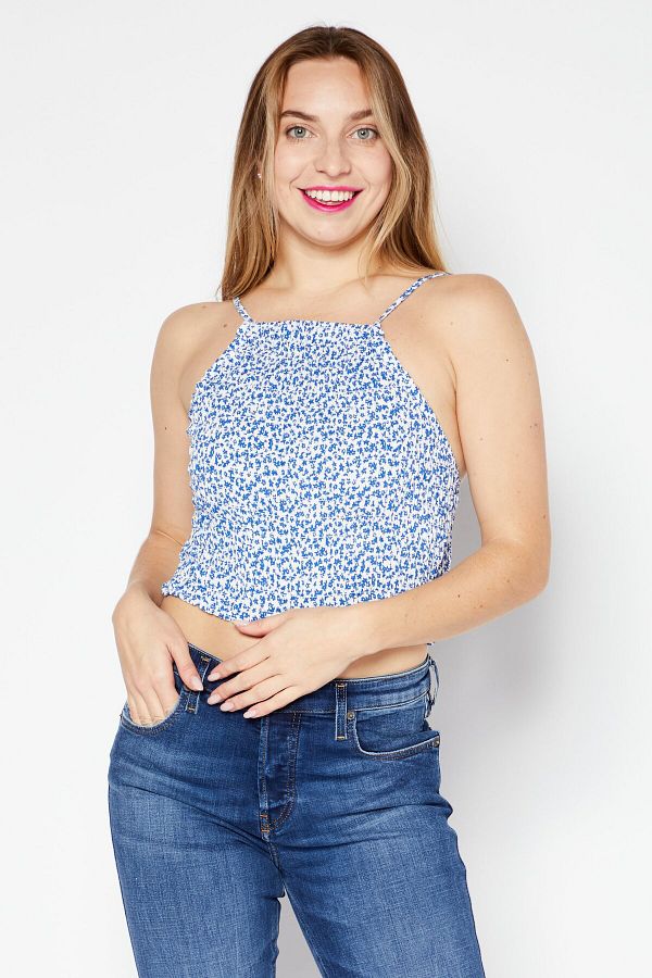 Don't Call Me Jennyfer-Women Square Neck Sleeveless Floral Print Top, White/Blue 1